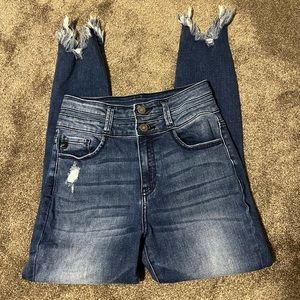 KanCan Skinny Hi Rise Distressed Jeans with raw/fringe hem